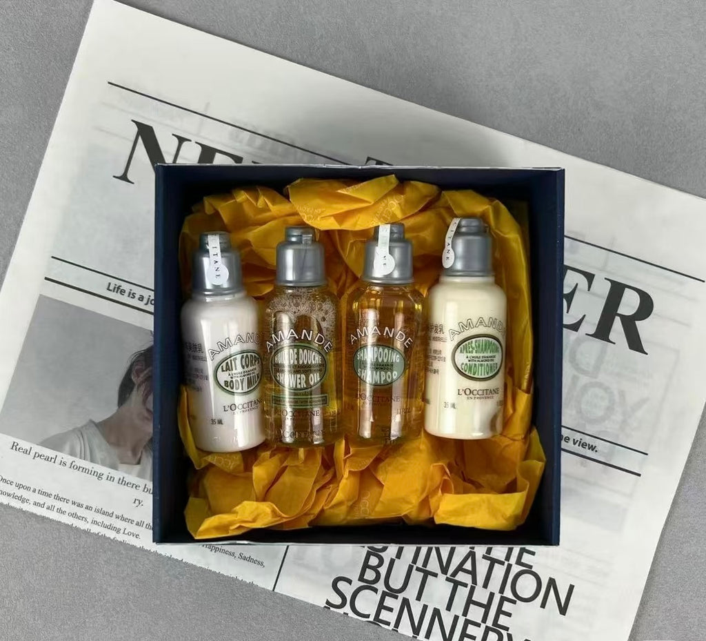 L’OCCITANE Almond Travel Exclusive Set | Shower Oil, Body Milk, Shampoo & Conditioner | 50% Warehouse Clearance