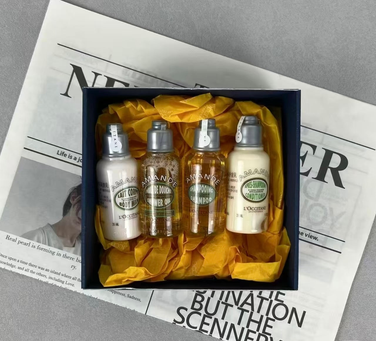 L’OCCITANE Almond Travel Exclusive Set | Shower Oil, Body Milk, Shampoo & Conditioner | 50% Warehouse Clearance